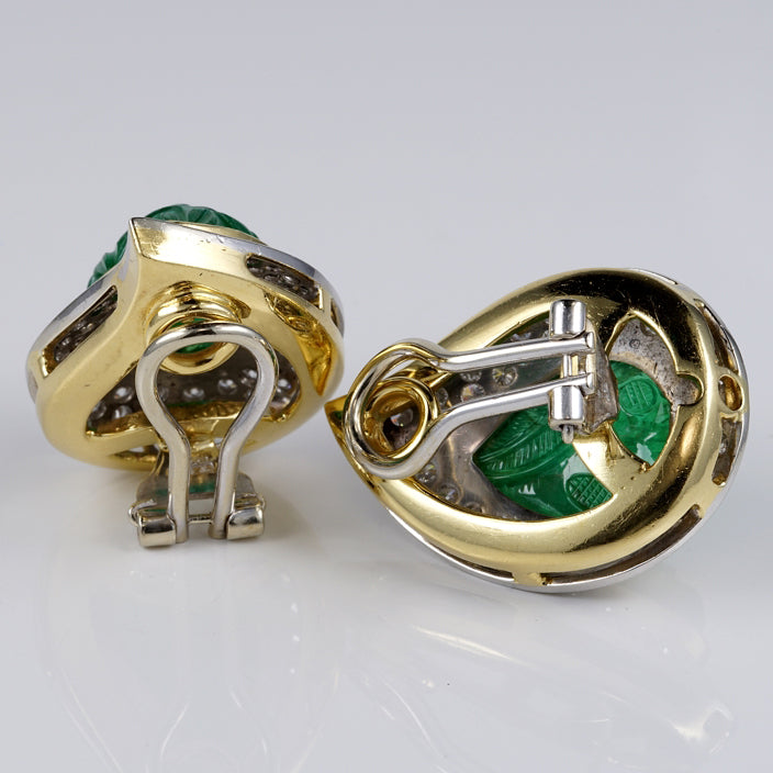 Vintage 22cts Carved Mughal Emerald and Diamond Cluster Clip On Earrings