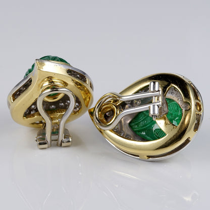 Vintage 22cts Carved Mughal Emerald and Diamond Cluster Clip On Earrings
