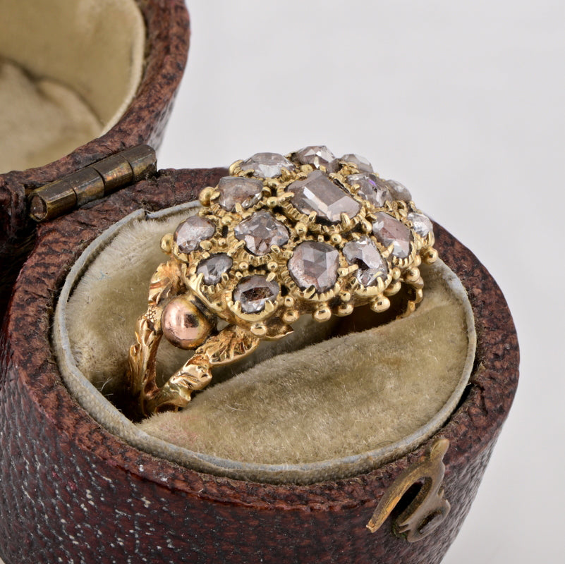 Antique Georgian 1.30ct Table Cut and Rose Cut Diamond Cluster Locket Mourning Ring Circa 1790 1810