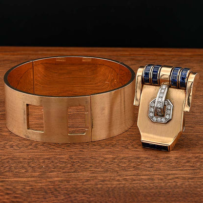 Art Deco Italian Weingrill Sapphire Diamond Gold Buckle Clip Bangle Bracelet