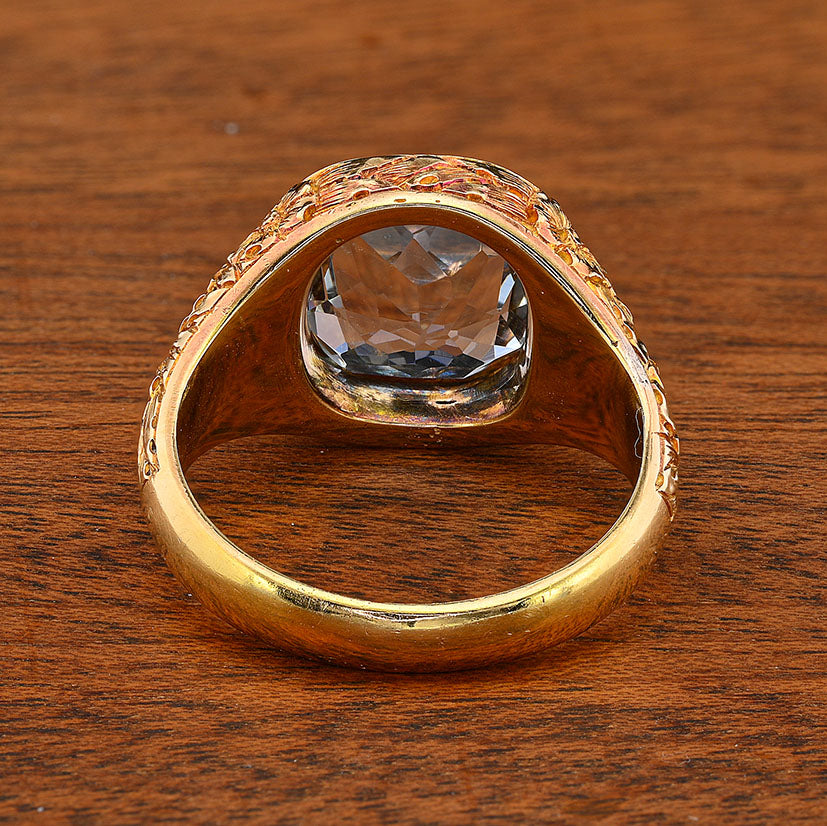 Art Nouveau 7ct Cushion Cut Natural Aquamarine Solitaire Unisex Signet Ring in 18ct Yellow Gold with fine carved flower motifs