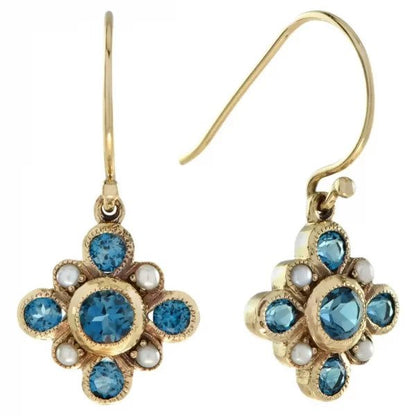 Vintage Style Blue Topaz and Pearl Floral Cluster Drop Earrings