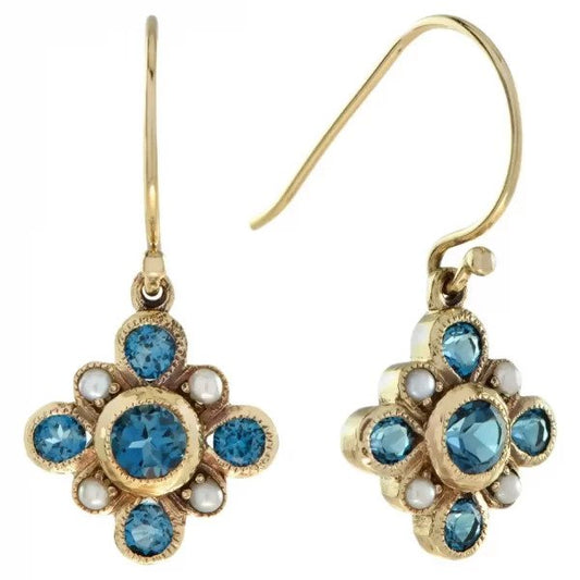 Vintage Style Blue Topaz and Pearl Floral Cluster Drop Earrings