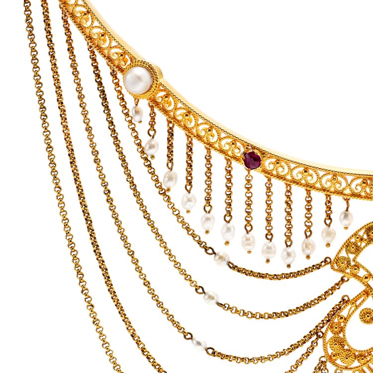 Antique Neo Renaissance Style Festoon Necklace with Pearls and Rubies