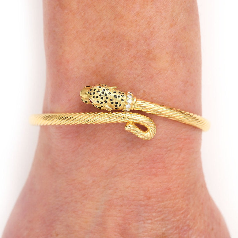 Vintage Gold Leopard Head Bangle with Diamonds Rubies Enamel