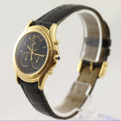 Cartier Cougar 33mm Chronograph in 18ct Yellow Gold, Ref 11621, black dial, sapphire crown, sapphire crystal, Quartz movement, Cartier black leather strap with 18ct Yellow Gold buckle, with Cartier box