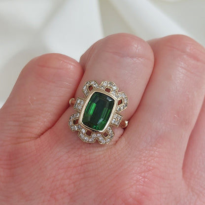 Green Tourmaline and Diamond Cluster Dress Ring
