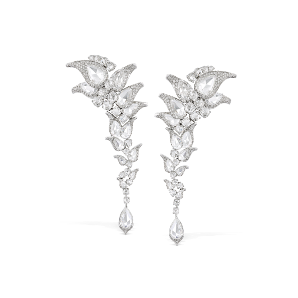 Rose Cut Diamond Floral Cluster Drop Earrings, 13.43 carats