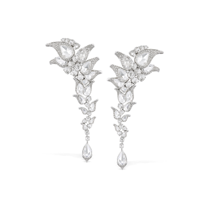 Rose Cut Diamond Floral Cluster Drop Earrings, 13.43 carats