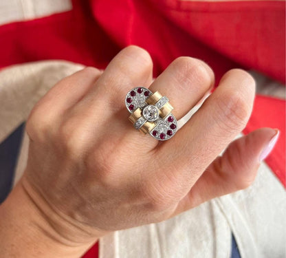 Art Deco French Diamond and Ruby Cluster Statement Cocktail Ring