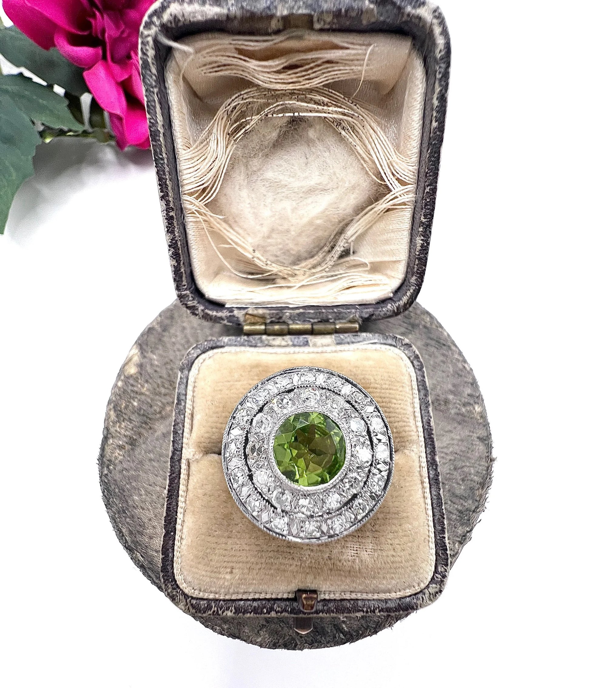 Vintage 18ct Gold French, 1940s Peridot and Diamond Double Halo Ring