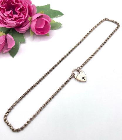 Antique 9 Carat Rose Gold Tulip Link Chain with Edwardian Heart Padlock Clasp