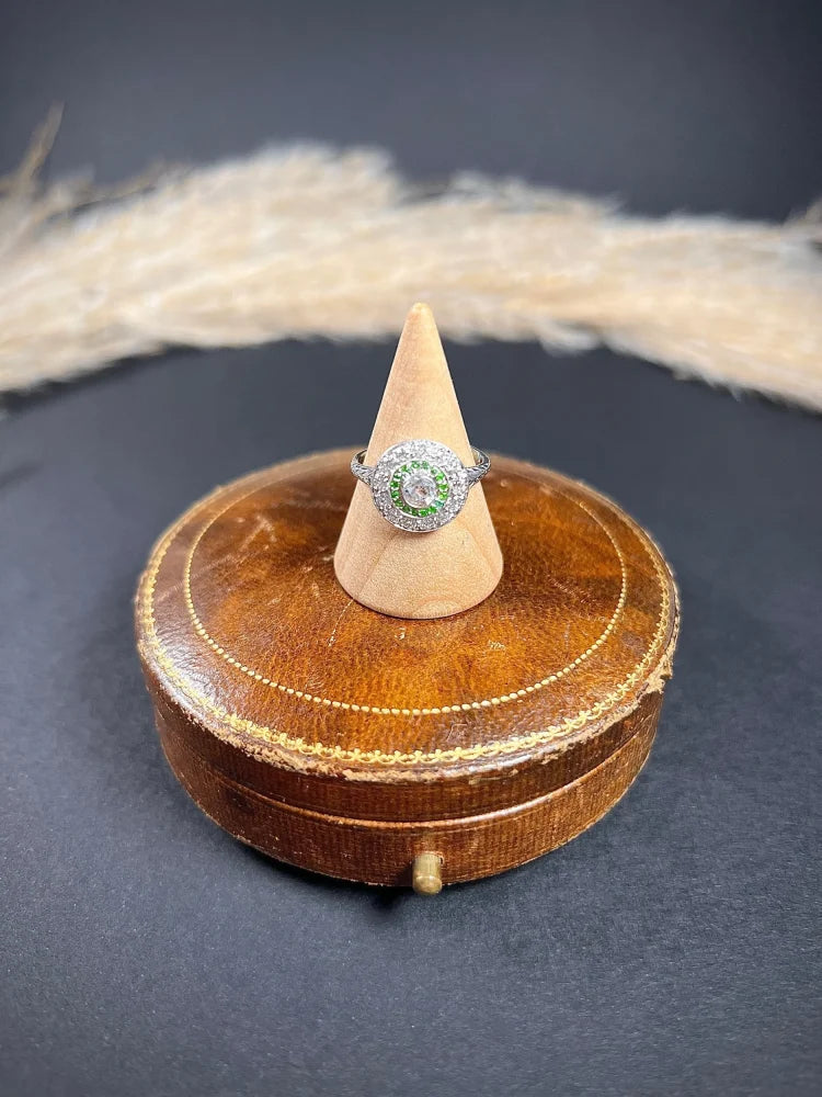 Edwardian Antique Demantoid Garnet and Diamond Target Cluster Ring