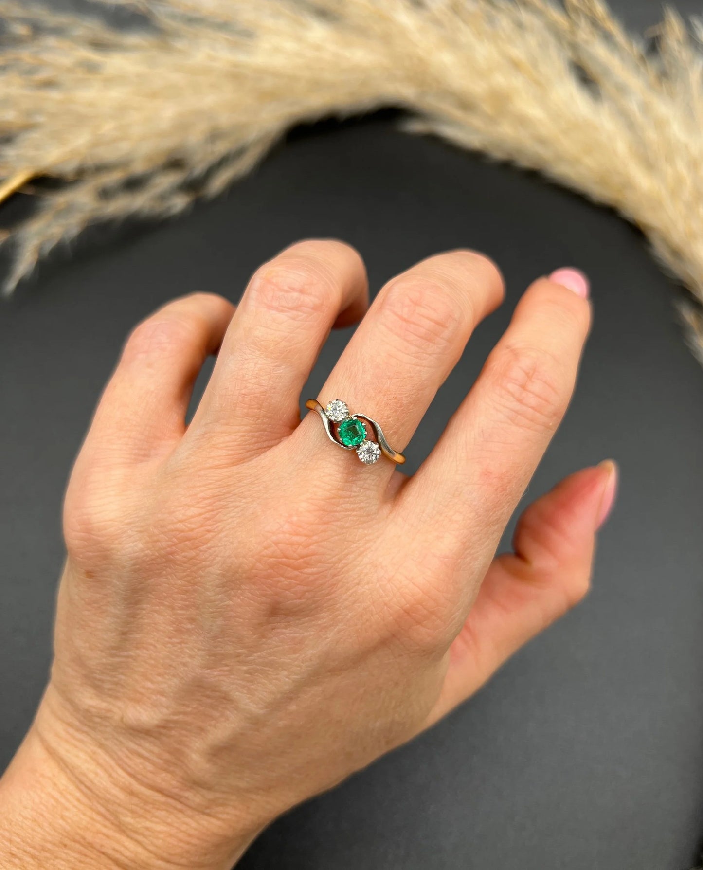 Antique 18 ct Gold And Platinum 1920's Emerald And Diamond Crossover Trilogy Engagement Ring