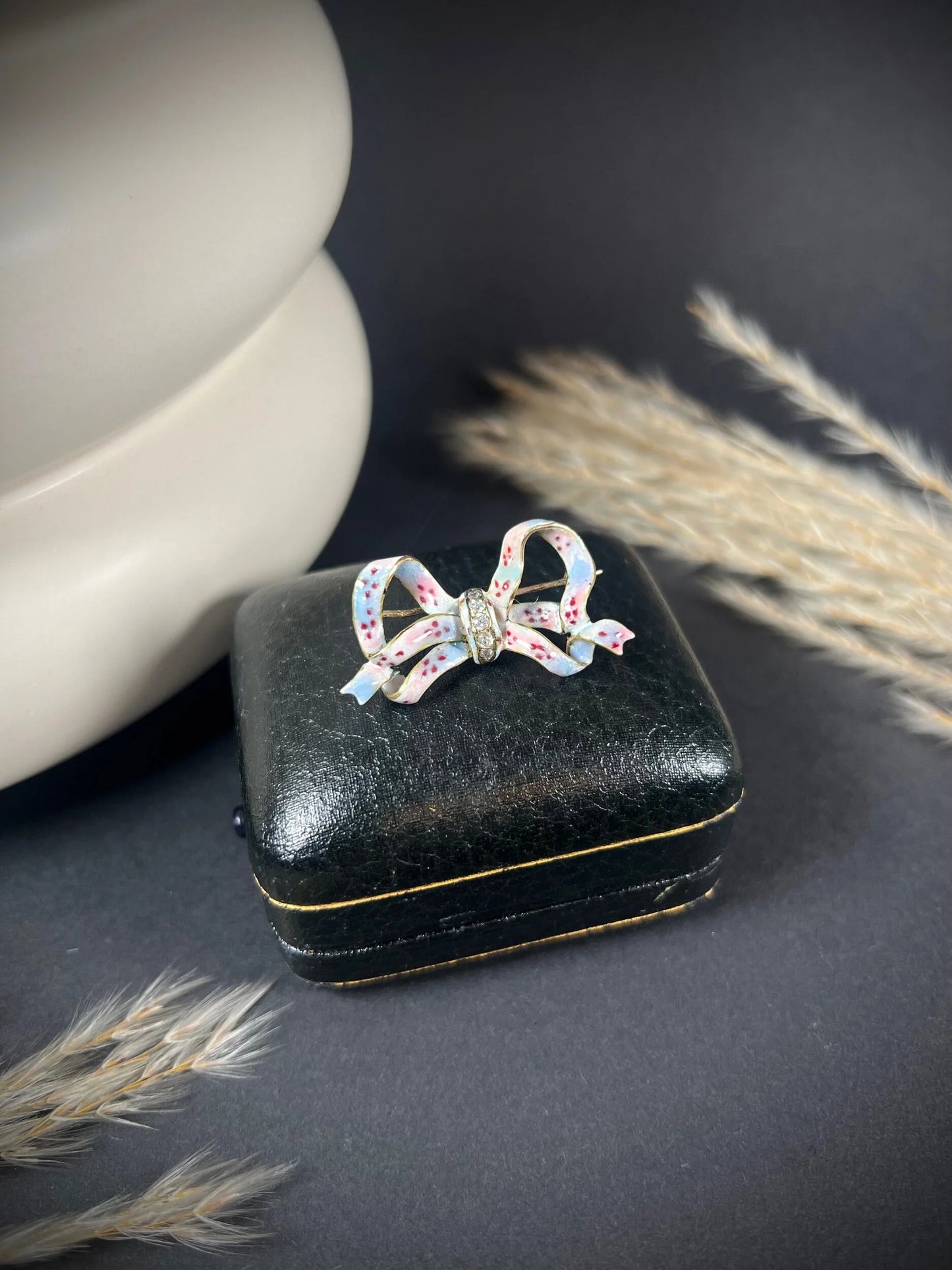Antique 14 Carat Gold Floral Enamel and Diamond Bow Brooch, Circa 1900