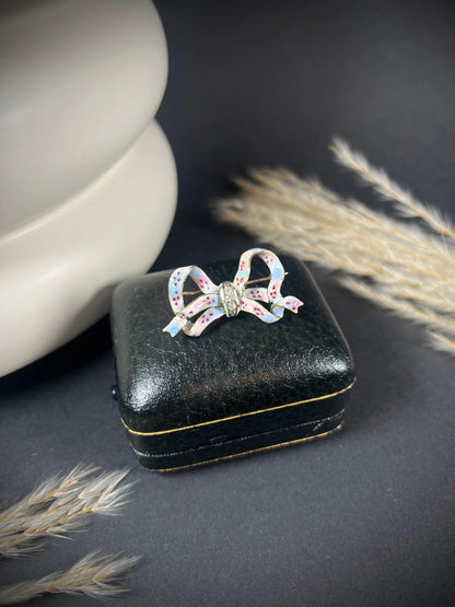 Antique 14 Carat Gold Floral Enamel and Diamond Bow Brooch, Circa 1900