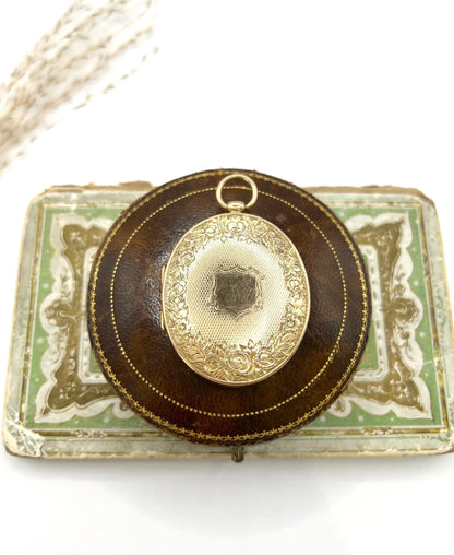 Victorian 15 Carat Yellow Gold Large Floral Engraved Oval Locket, Circa 1880