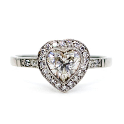 Vintage Heart-Shaped Diamond and Platinum Halo Cluster Ring, 0.80 Carat