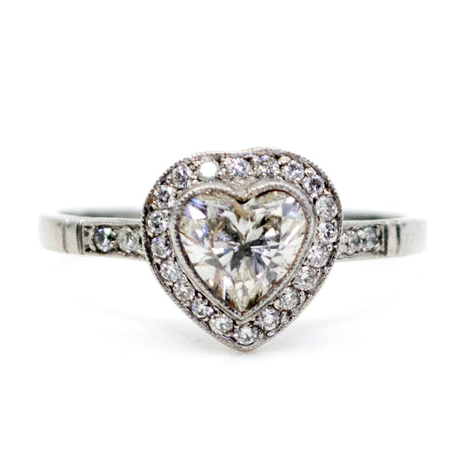 Vintage Heart-Shaped Diamond and Platinum Halo Cluster Ring, 0.80 Carat