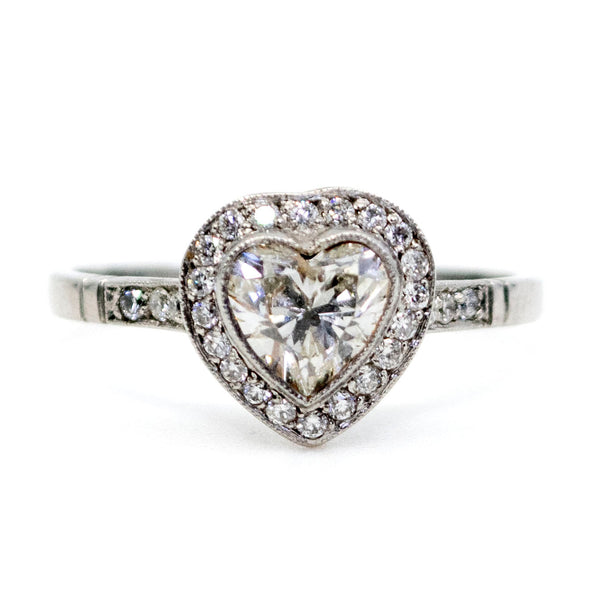 Vintage Heart-Shaped Diamond and Platinum Halo Cluster Ring, 0.80 Carat