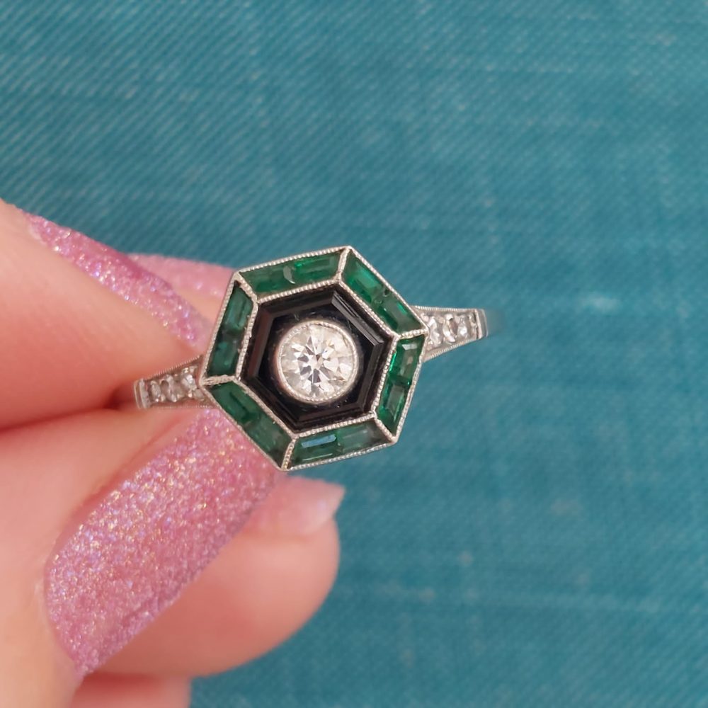 Vintage Emerald Diamond and Onyx Target Ring, Platinum