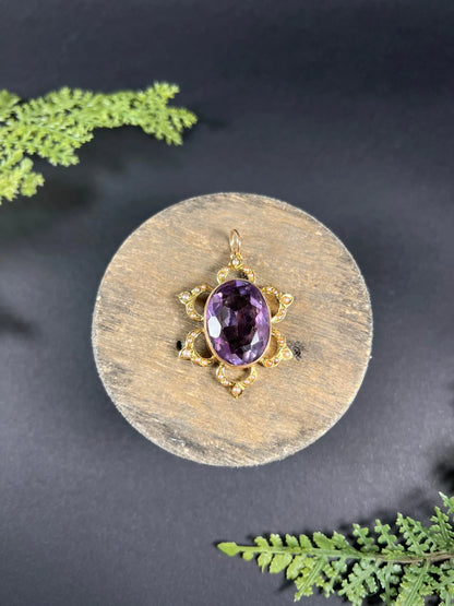 Antique 15 ct Yellow Gold, Edwardian Large Oval Faceted Amethyst And Seed Pearl Pendant