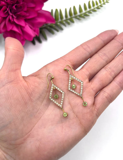 Edwardian 9 Carat Gold Peridot and Seed Pearl Drop Earrings, Circa 1910