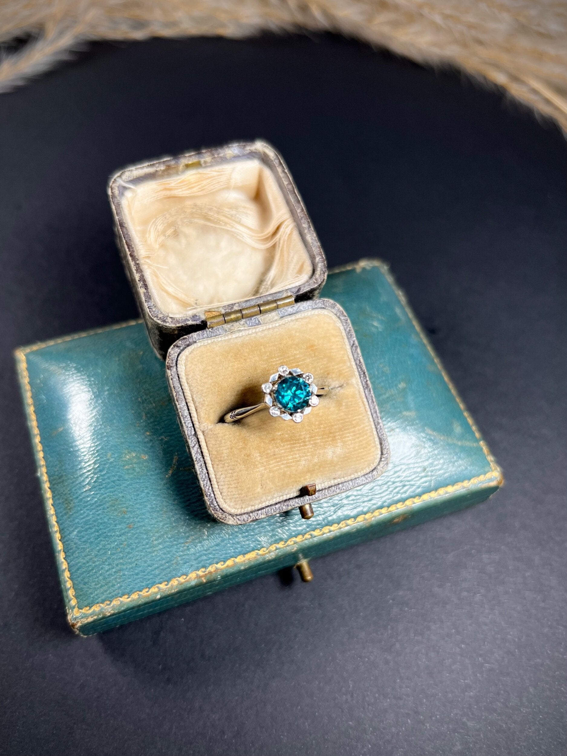 Antique 18 Carat White Gold, Platinum, Zircon and Diamond Cluster Ring, Circa 1920