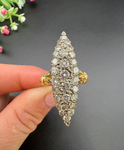 Victorian 18 Carat Yellow Gold Diamond Marquise/Navette Ring, 2.20 Carats
