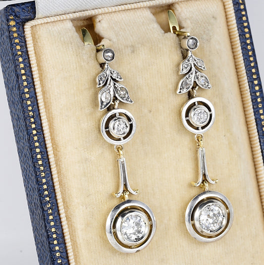 Antique Art Nouveau 1.70ct Old European Cut Diamond Drop Earrings