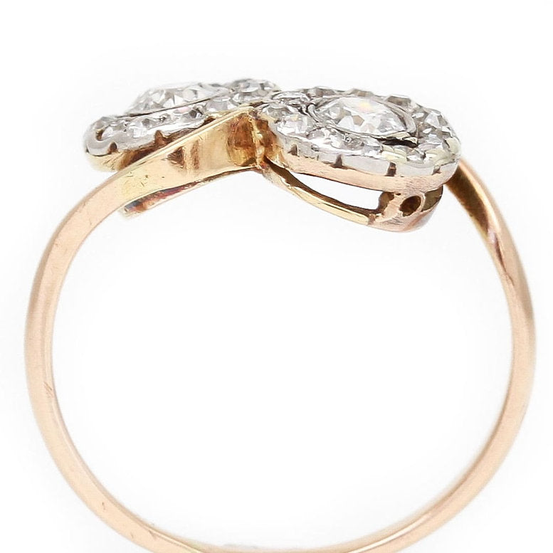 Antique Double Old Cut Diamond Cluster Toi et Moi Crossover Ring