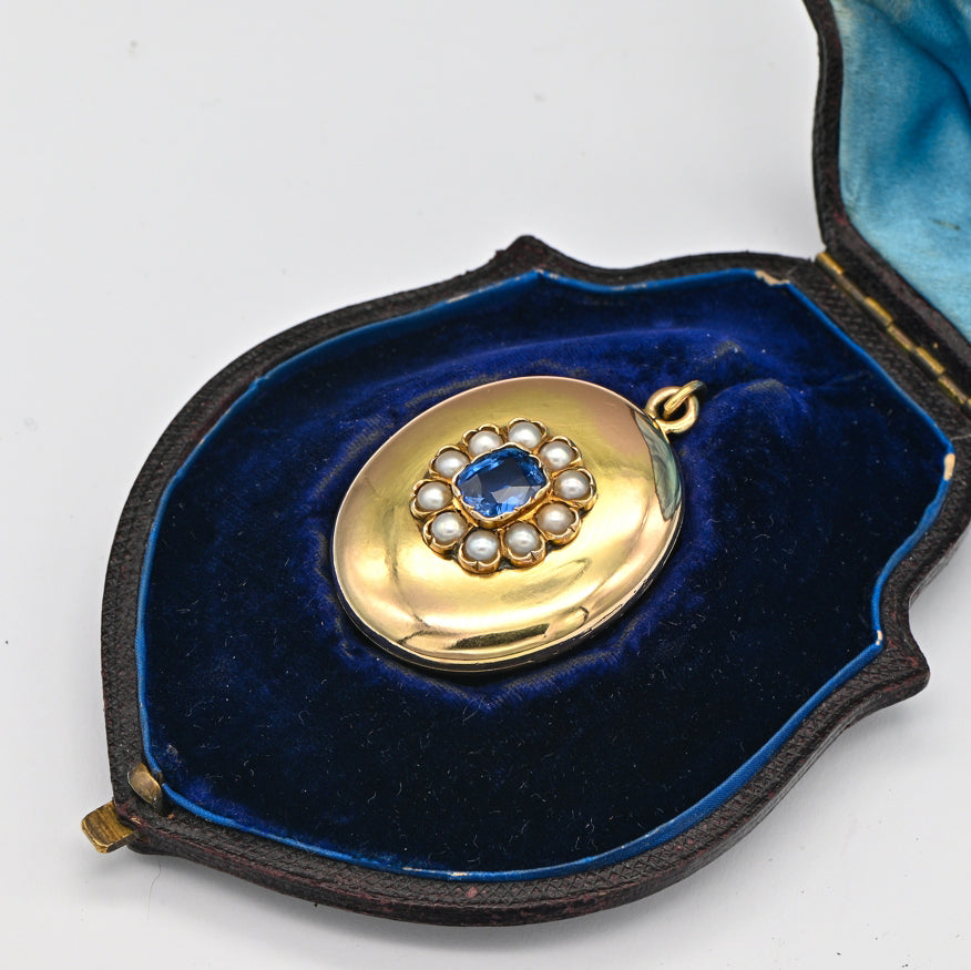 Victorian Antique Russian 2.60ct Ceylon Sapphire and Natural Pearl Cluster Gold Locket Pendant
