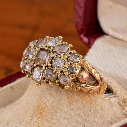 Antique Georgian 1.30ct Table Cut and Rose Cut Diamond Cluster Locket Mourning Ring Circa 1790 1810