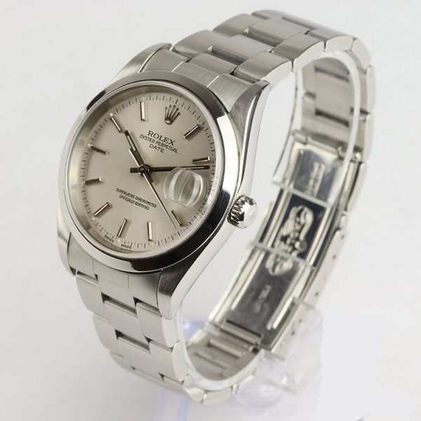 Rolex Oyster Perpetual Date 34mm Stainless Steel 15200 Automatic Watch with Silver Dial, on a stainless steel Oyster bracelet