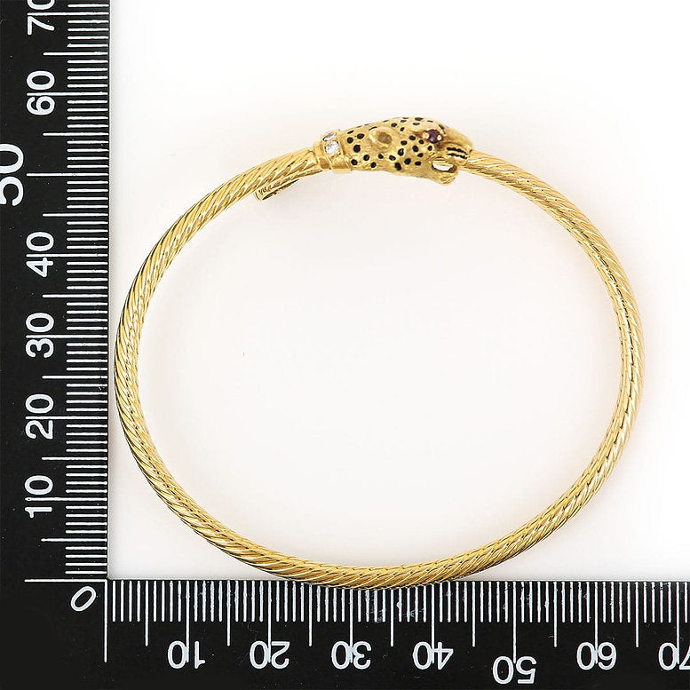 Vintage Gold Leopard Head Bangle with Diamonds Rubies Enamel
