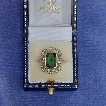 Green Tourmaline and Diamond Cluster Dress Ring