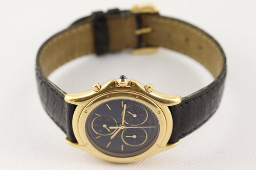 Cartier Cougar 33mm Chronograph in 18ct Yellow Gold, Ref 11621, black dial, sapphire crown, sapphire crystal, Quartz movement, Cartier black leather strap with 18ct Yellow Gold buckle, with Cartier box