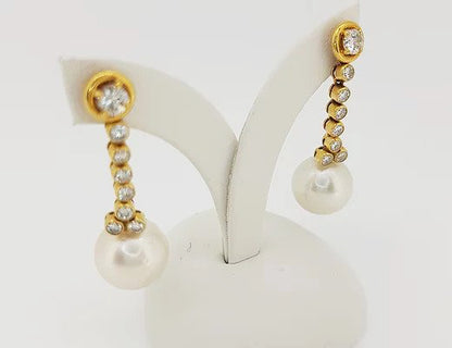 Vintage South Sea Pearl and Diamond Drop Earrings, 18ct Yellow Gold
