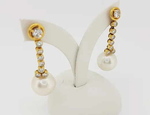 Vintage South Sea Pearl and Diamond Drop Earrings, 18ct Yellow Gold