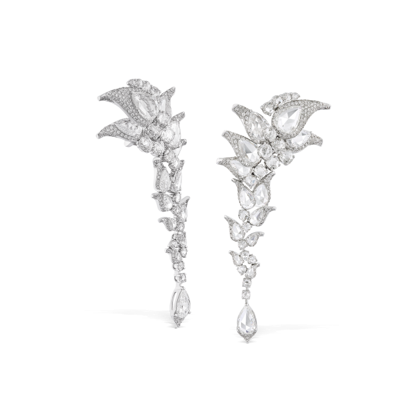 Rose Cut Diamond Floral Cluster Drop Statement Earrings, 13.43 carats