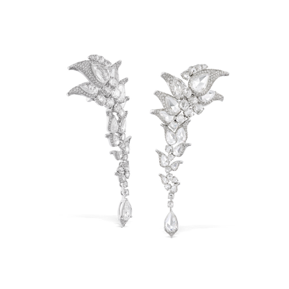 Rose Cut Diamond Floral Cluster Drop Statement Earrings, 13.43 carats