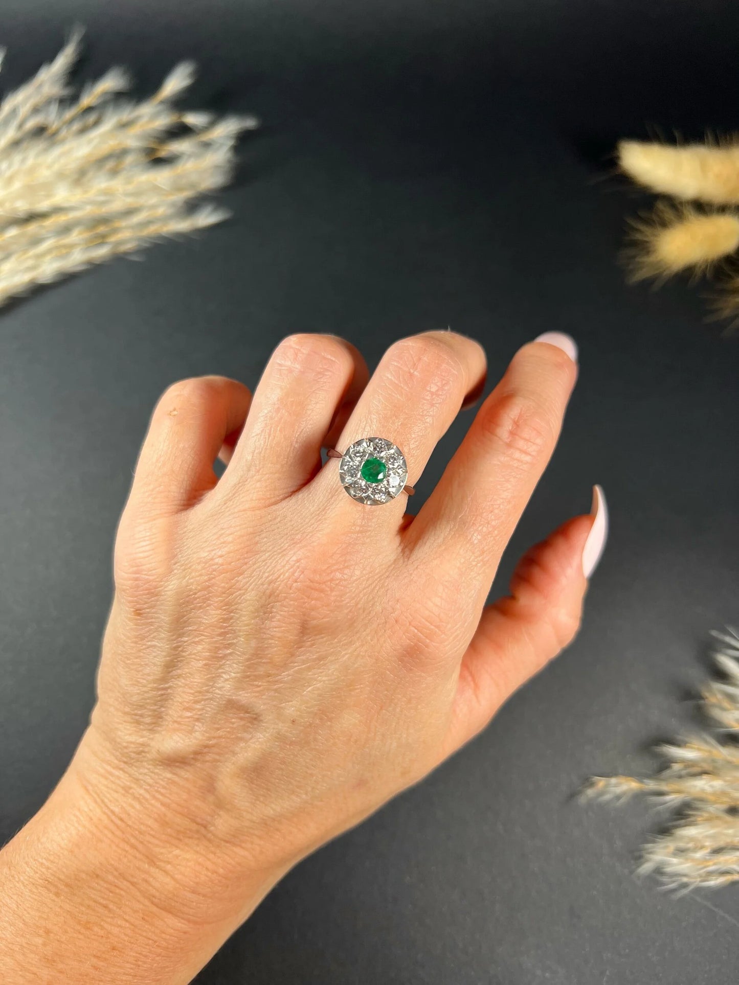 Vintage 18ct White Gold, 1940s Emerald Diamond Round Cluster Engagement Ring