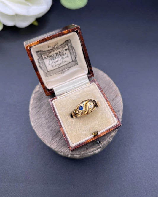 Antique 18ct Yellow Gold, Victorian Sapphire & Diamond Double-Headed Snake Ring