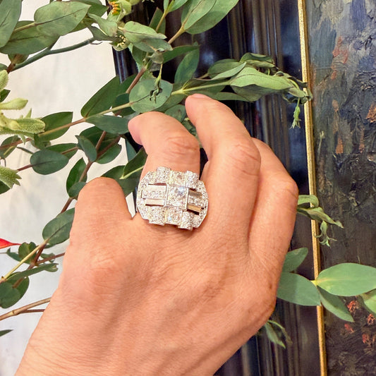 Vintage 1940s Retro 2.85ct Old Cut Diamond Geometric Plaque Tank Ring
