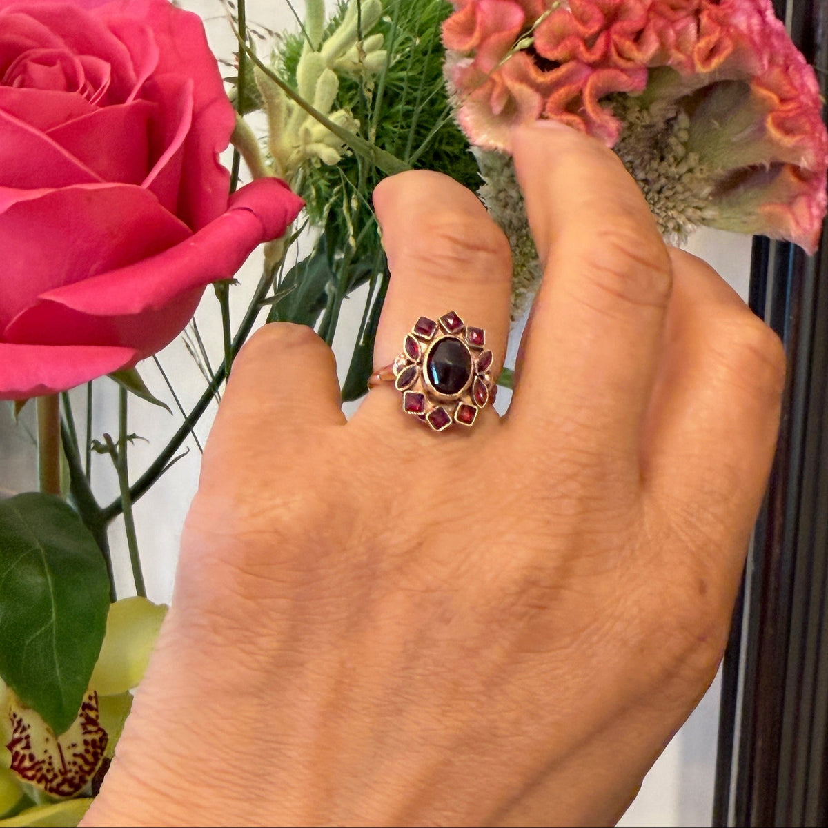 Vintage Garnet Cluster Dress Ring in 14ct Gold
