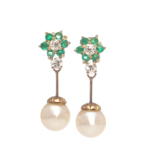 Antique Freshwater Pearl Drop Earrings with Diamonds and Emeralds; early 20th century drop earrings with emerald and old-cut diamond cluster studs suspending freshwater pearls, in yellow gold