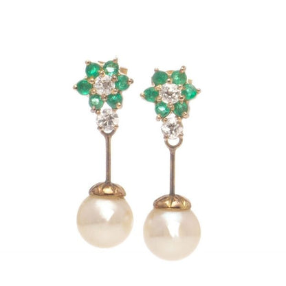 Antique Freshwater Pearl Drop Earrings with Diamonds and Emeralds; early 20th century drop earrings with emerald and old-cut diamond cluster studs suspending freshwater pearls, in yellow gold