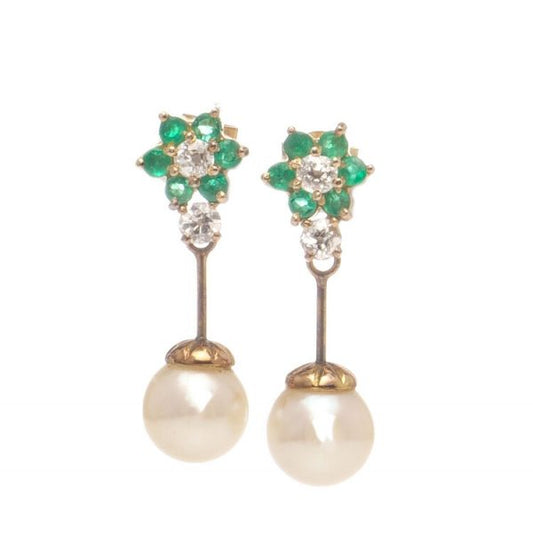 Antique Freshwater Pearl Drop Earrings with Diamonds and Emeralds; early 20th century drop earrings with emerald and old-cut diamond cluster studs suspending freshwater pearls, in yellow gold