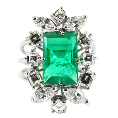4ct Colombian Emerald, Marquise and Asscher Cut Diamond Cluster Ring