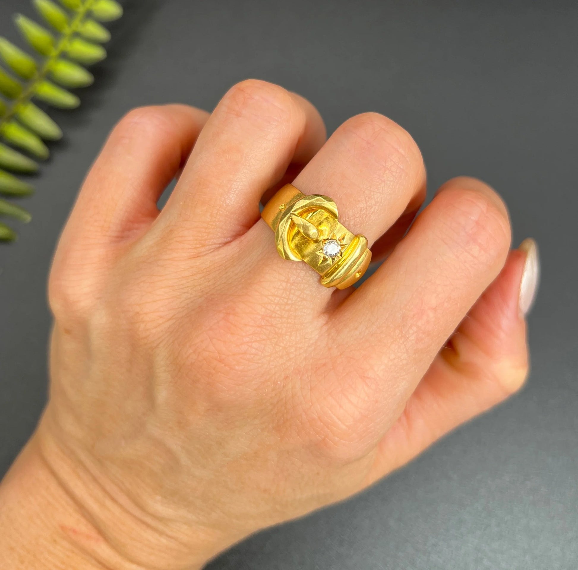 Antique 18 Carat Yellow Gold Star Set Diamond Buckle Ring, Hallmarked London 1915